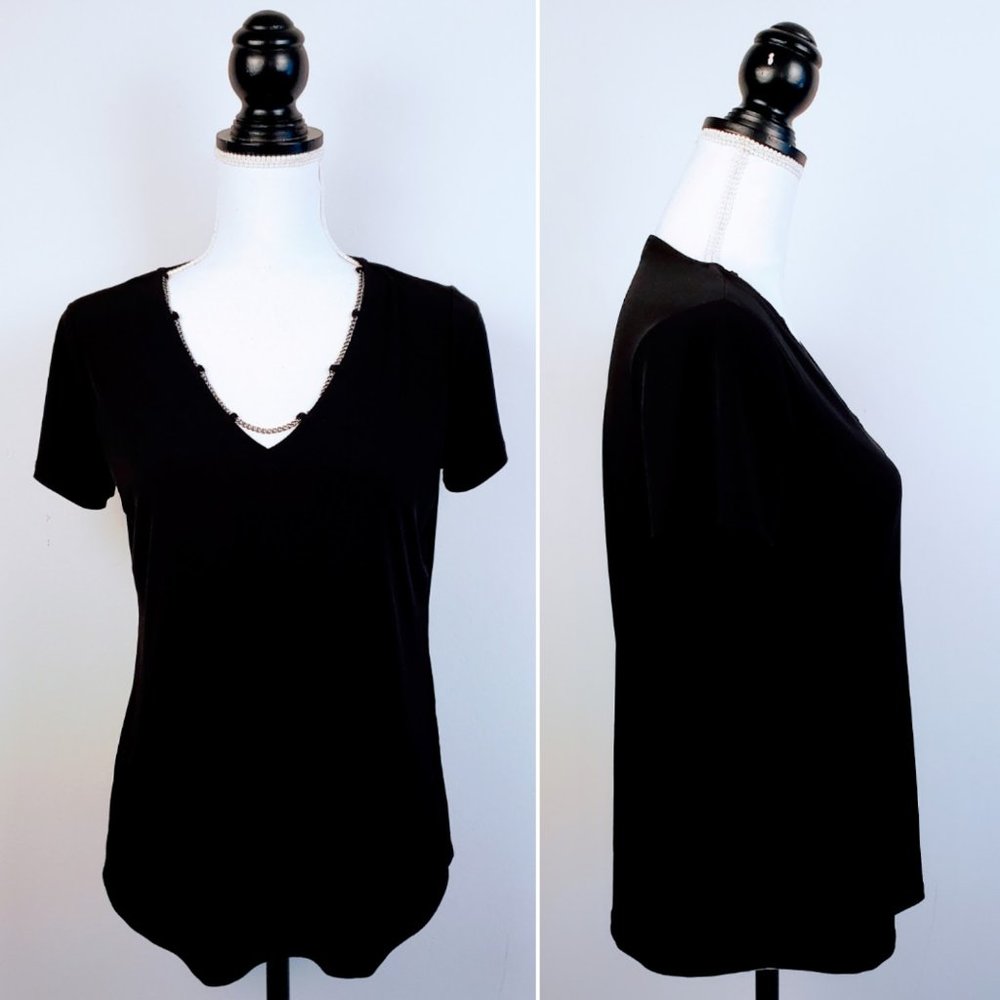 IVANKA TRUMP Top, Black Polyester Short Sleeve Chain V-Neck Solid Career, S